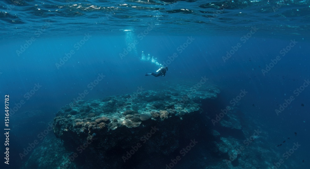 Fototapeta premium Scuba diver explores the deep blue sea over coral reefs with beams of light shining