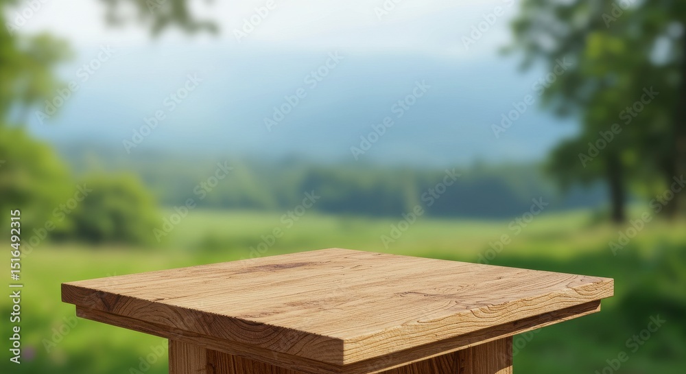 Fototapeta premium Wood surface with blurred green forest background. Sunny day in countryside