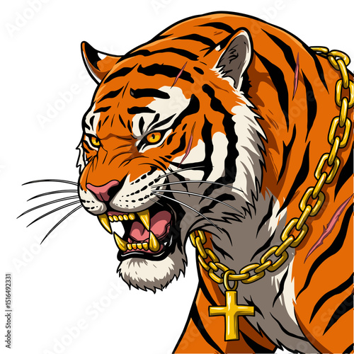 Aggressive Tiger with Gold Chain and Cross – Urban Wild Cat Art