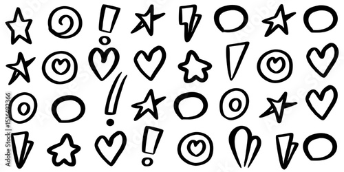 Hand-drawn Doodle Elements Stars, Hearts, Circles, and More – Perfect for Design Projects