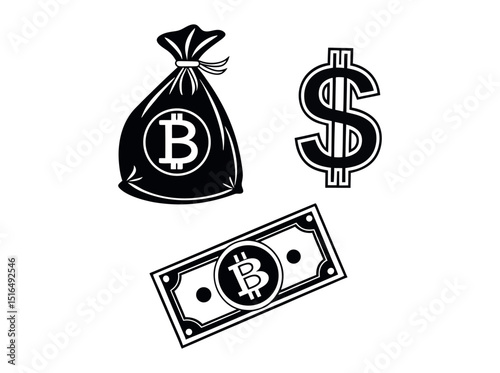 Fotografie Black and White Financial Icons Set, Savings and financial increase, showing a d