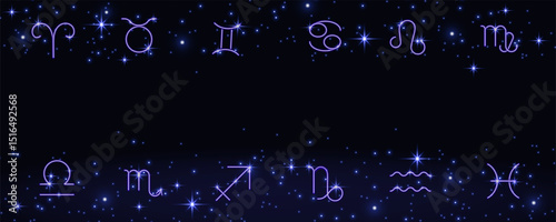 Banner of twelve signs and zodiac symbol, horoscope, astrology, fortune telling, neon glow, bright translucent background, illustration.
