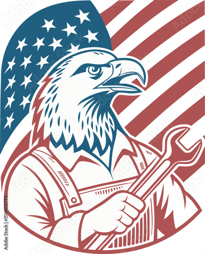 A cartoon vector illustration shows an american football fan person, like a worker in armor or a knight with a shield, holding a flag near an american football player drawing