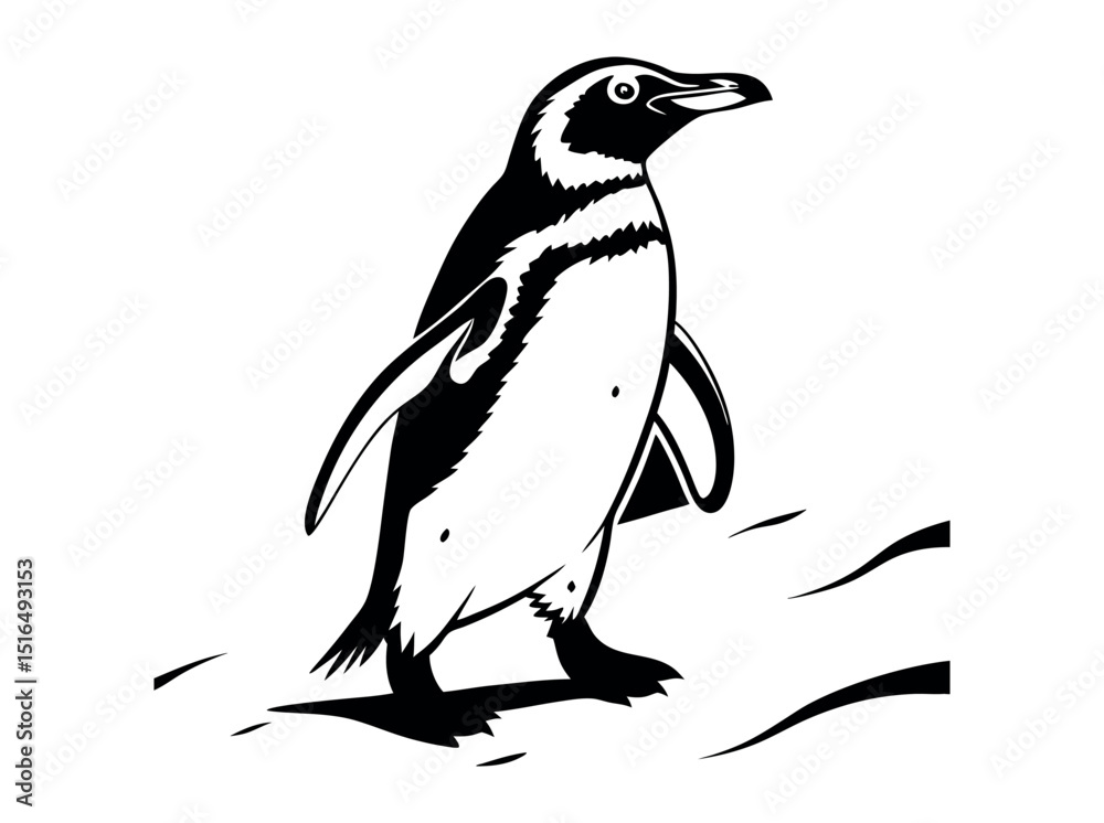Fototapeta premium Elegant black and white illustration of a penguin, Penguin Silhouette on a Glacial Landscape, penguin, silhouette, black and white, bird, wildlife, animal, nature, ice, glacier, outcrop, rocky, art,