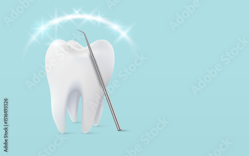 Tooth white, 3D illustration of a tooth, healthy glowing tooth. Shield around white tooth. Dental care, protection and whitening. Vector illustration