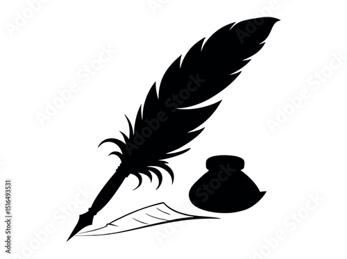Elegant feather pen logo design, perfect for stationery brands, Black and White Feather Quill Pen Silhouette, quill pen, feather pen, inkwell, writing, literature, vintage, art, silhouette, black and