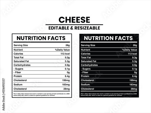 Editable and Resizable Cheese Nutrition Facts Label, Nutrition Facts, Nutrition Facts Label Supplement Facts, Nutrition Label vector