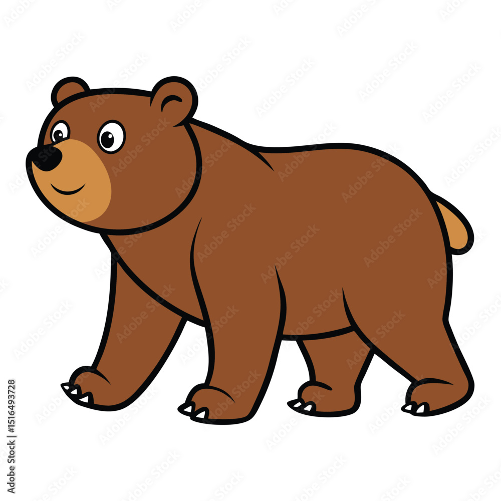 Fototapeta premium Cartoon Brown Bear Walking Illustration with Black Outline on White Background