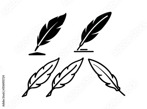 Elegant Black and White Silhouette of a Quill and Inkwell Set, a set of stylized, black silhouette illustrations of antique quill pens dipping into inkwells, quill, inkwell, feather pen, vintage, anti