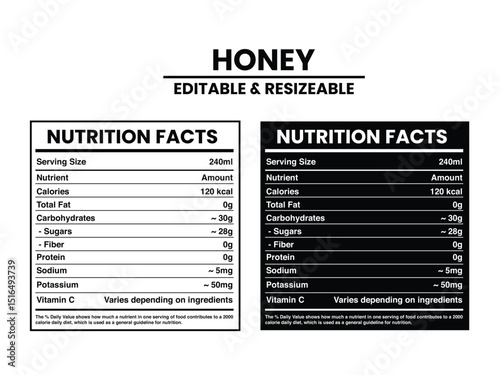 Editable & Resizable Honey Nutrition Facts Label, Nutrition Facts, Nutrition Facts Label Supplement Facts, Nutrition Label vector