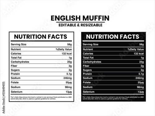 Editable and Resizable English Muffin Nutrition Facts, Nutrition Facts, Nutrition Facts Label Supplement Facts, Nutrition Label vector