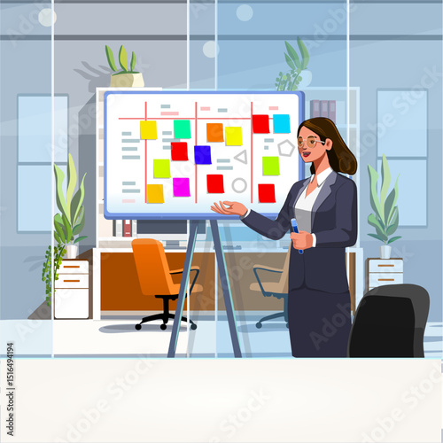 Modern vector illustration of a professional businesswoman working in an office environment. She is performing various tasks such as making phone calls, writing notes, presentation, communication, con