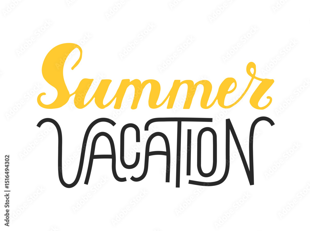 Fototapeta premium Summer Vacation hand-drawn Calligraphy Lettering. Script black yellow text created by hand. Handwritten phrase. Quote for inspiring poster, social media post, project. Elegant and artistic words.