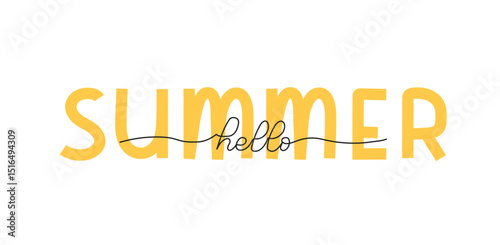 Hello Summer words in continuous one line art style. Minimalist black yellow drawing of summertime phrase. Hand drawn quote with editable stroke. Outline handwritten script for poster banner.