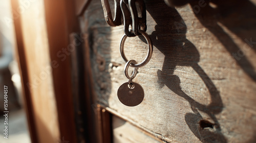 Antique keyring on a wooden door, symbolizing mystery and forgotten stories