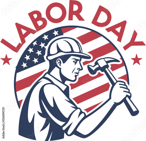 Celebrate Labor Day in cartoon vector illustration shows an american football fan person, like a worker in armor or a knight with a shield, holding a flag near an american football player drawing