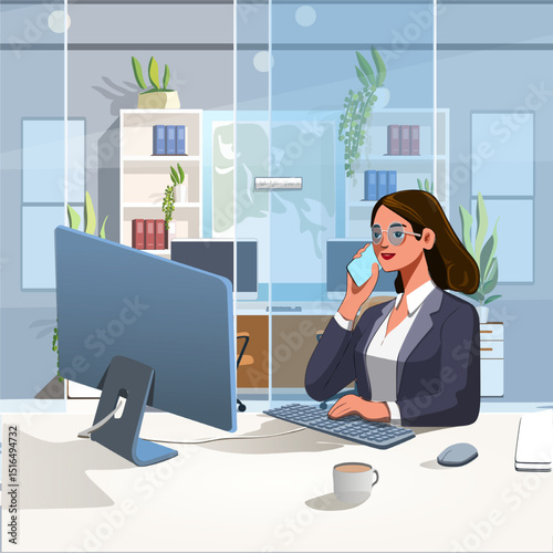 Modern vector illustration of a professional businesswoman working in an office environment. She is performing various tasks such as making phone calls, writing notes, presentation, communication, con