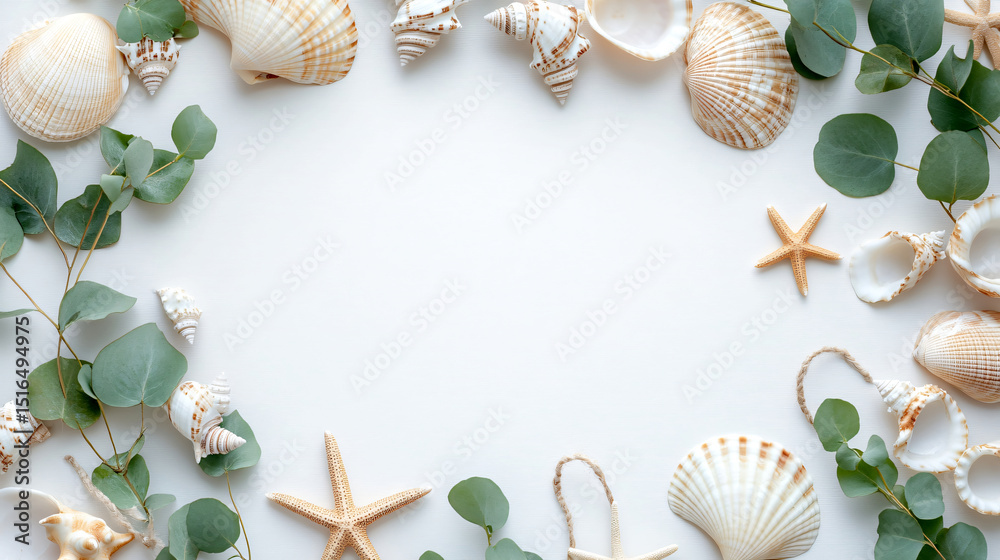 Obraz premium Sand frame with eucalyptus, seashells ,summer background ,Monochromatic off white flat lay,Frame for summer greeting text, Generative ai
