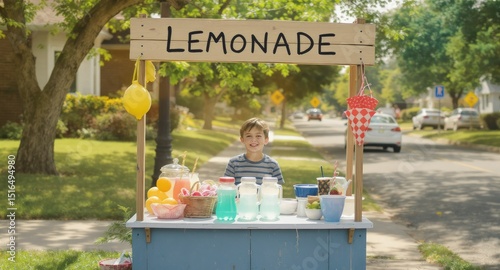 Boy selling lemonade summer day