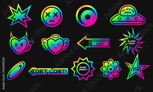 Hologram sicker set with rainbow gradient. Holographic y2k retro label collection.
