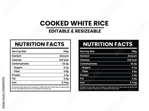 Editable & Resizable Cooked White Rice Nutrition Label Template, Nutrition Facts, Nutrition Facts Label Supplement Facts, Nutrition Label vector