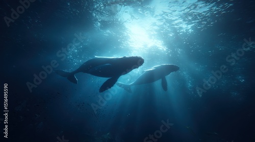 Underwater whales swimming in sunlight	 photo