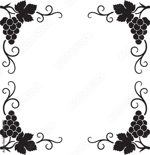 Grape corner frame silhouette with leaves decorative border vector art illustration 