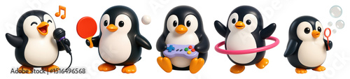 PNG Playful penguins enjoying activities, element set on transparent background