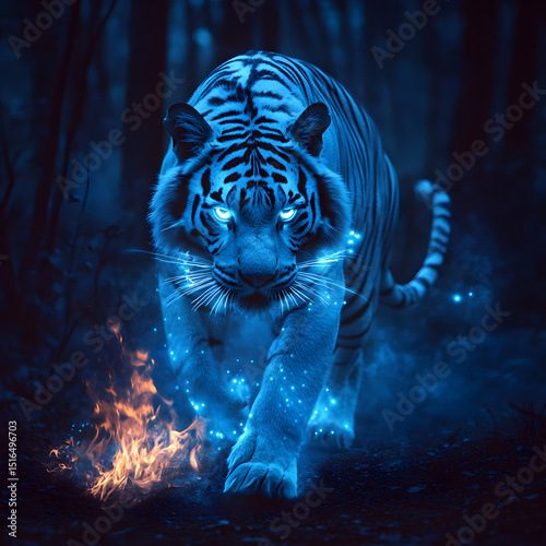 Glowing Blue Tiger Walking Forward in Forest