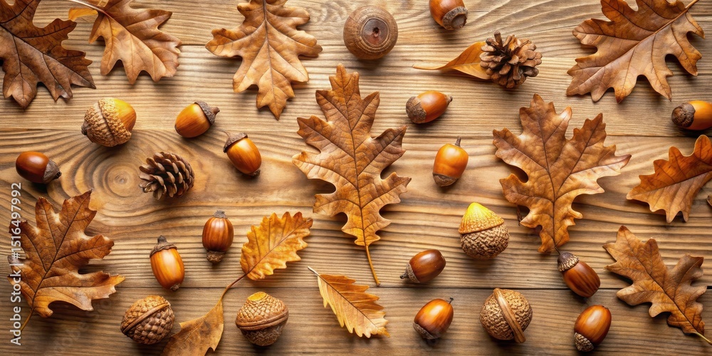 Obraz premium Autumnal arrangement of acorns and oak leaves on a rustic wooden surface