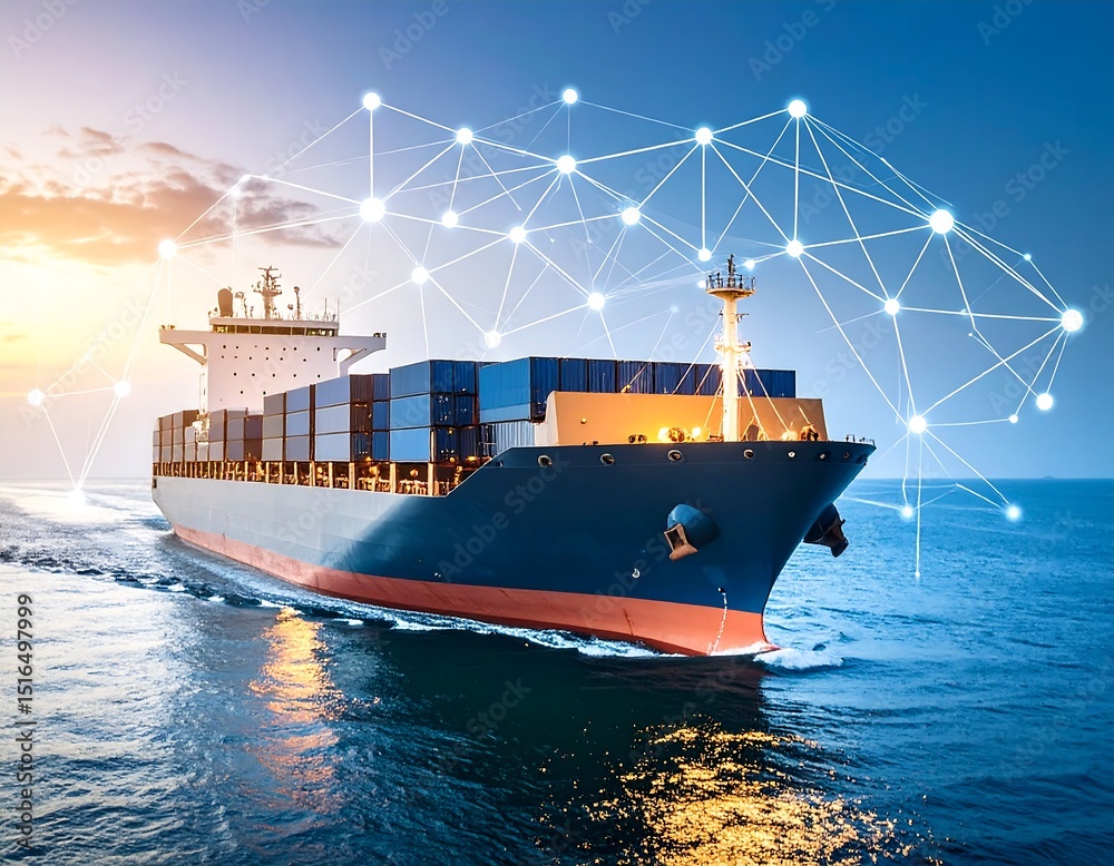 Fototapeta premium Cargo ship at sunrise connected by network
