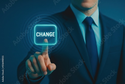 A businessman uses a digital interface to initiate change symbolizing strategy and decision-making that drives business growth and innovation