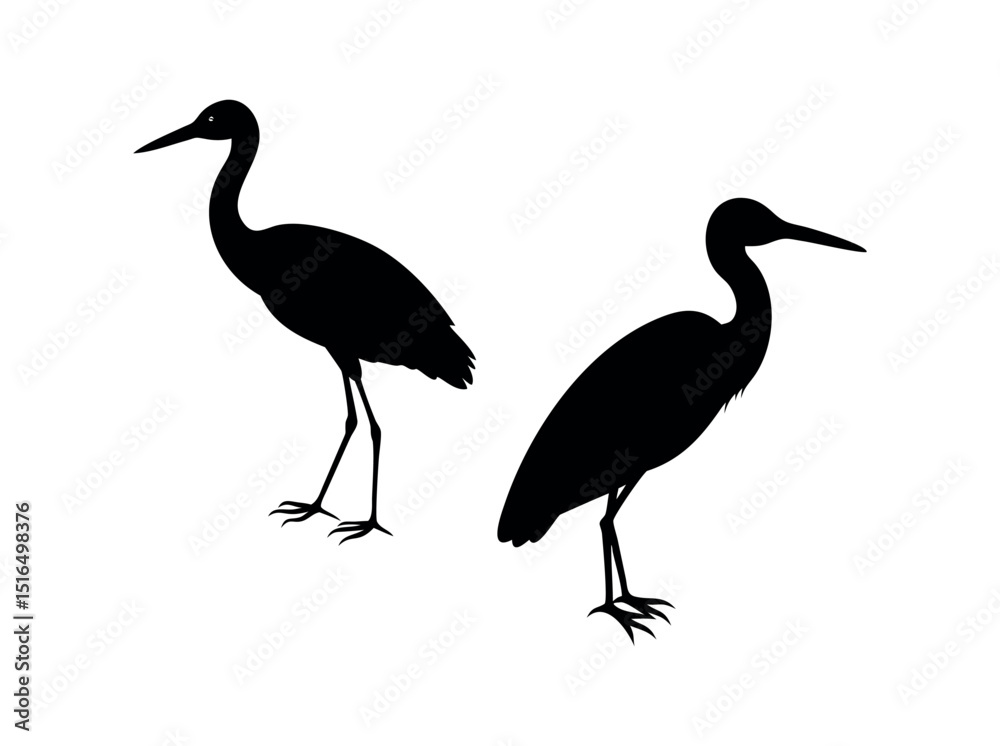 Naklejka premium Heron Silhouettes Against a White Background, silhouettes of herons, presented in a simple, clean design against a pure white backdrop. heron, bird, wildlife, nature, animal, avian, profile, graphic.