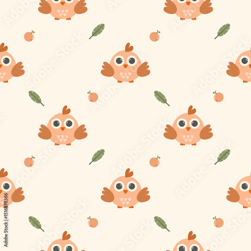 Bird cartoon so cute. On orange leaf background. Pattern seamless vector illustration. 