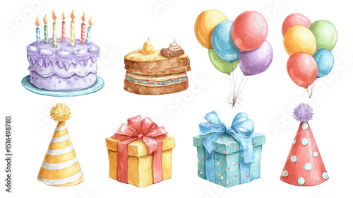 Watercolor birthday set featuring a purple cake with lit candles, a slice of layer cake, colorful balloons, party hats, and wrapped gift boxes, all on a transparent background