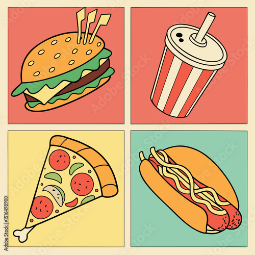 Colorful illustration of classic american fast food items on a unique background