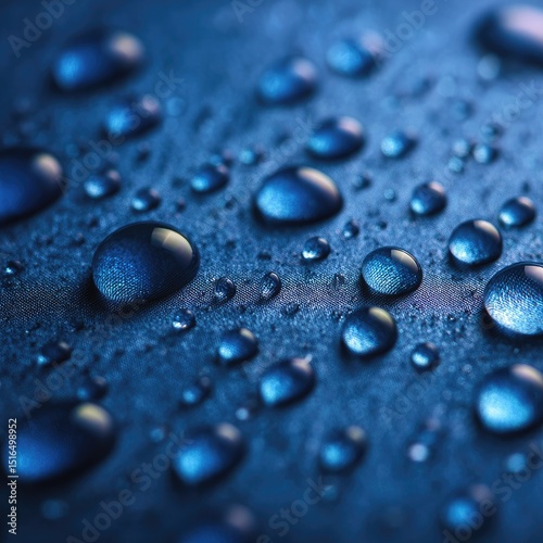 Close-up of water droplets on a dark surface.  Reflective, round droplets of varying sizes and shapes create a textured pattern