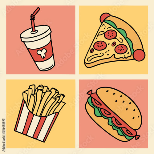 Illustrated collection of fast food items including soda pizza fries and a sandwich