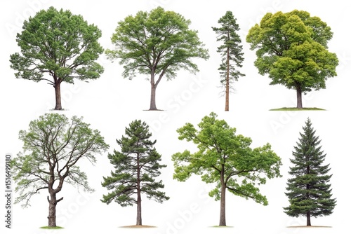 Set of different trees isolated on white background.