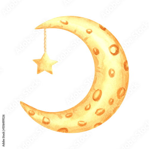 Yellow crescent moon with star watercolor isolated illustration for kids design. Cute hand drawn selestial luna and shiny sparkle. Decoration for nursery or baby textile. Clipart of fairy dreams theme