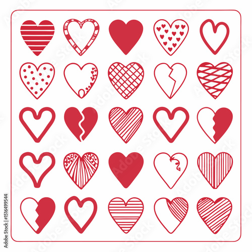 Collection of red heart shapes in different styles for valentine’s day or love designs