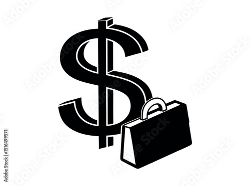 Dollar sign and briefcase symbolize financial success in business, stylized dollar sign, rendered in black, is combined with a briefcase, also in black, dollar, money, finance, business, success, inve