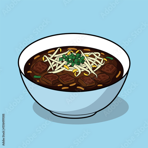 delicious indonesian food and flat cartoon style bowl of rawon