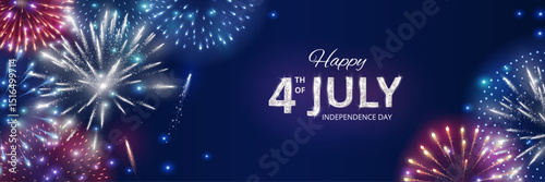4th of July Independence Day background. Shining red, blue and green fireworks in corners. American flag colors. Dark blue night sky. Happy 4th of July text. Great for social media banners. Vector