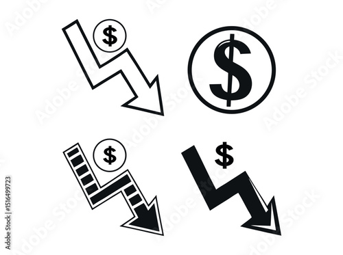 Graphic Representation of Economic Downturn, distinct graphic representations of a declining dollar value, declining dollar, economic downturn, financial loss, market crash, devaluation, economic inst
