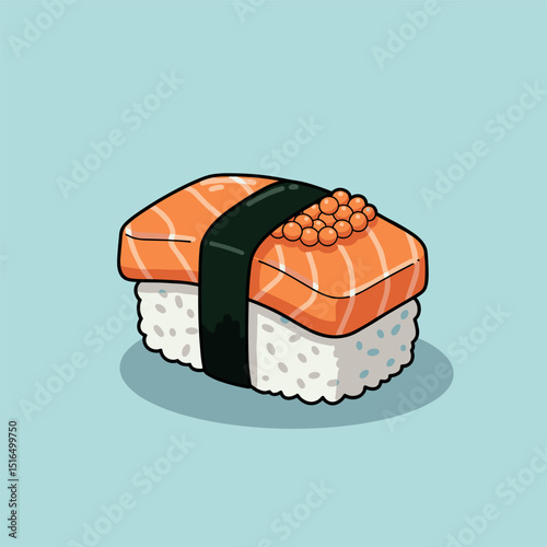 Delicious Japanese food and flat cartoon style piece of sushi