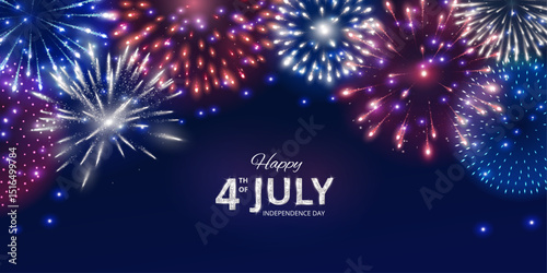 4th of July Independence Day background. Shining red, blue and green fireworks in corners. American flag colors. Dark blue night sky. Happy 4th of July text. Great for social media banners. Vector