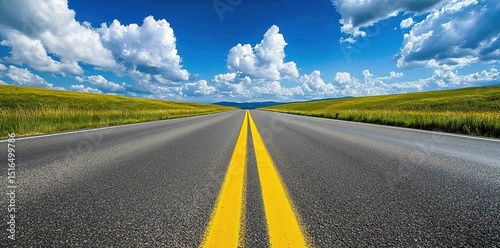 wide, open road leading into the distance, with yellow lines in the center and a blue sky above. Green fields on both sides of the asphalt road, suitable for advertising and visual effects. 