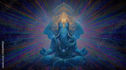 Serene Blue Meditative Figure With Radiant Ganesha Crown in Cosmic Landscape Generative AI
