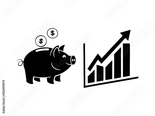 Piggy bank with growing graph represents increasing savings, Icons Representing Financial Concepts, piggy bank, graph, business, finance, investment, savings, growth, success, money, dollar, profit, i
